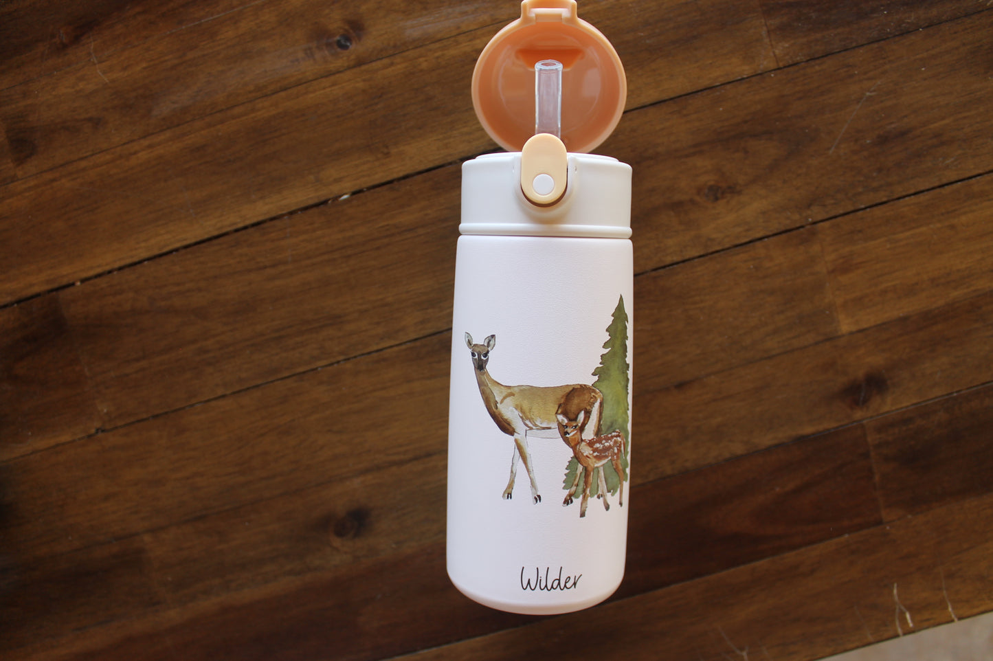 Wilder Deer Mama w/baby Kids Water Bottle w/button lid in White