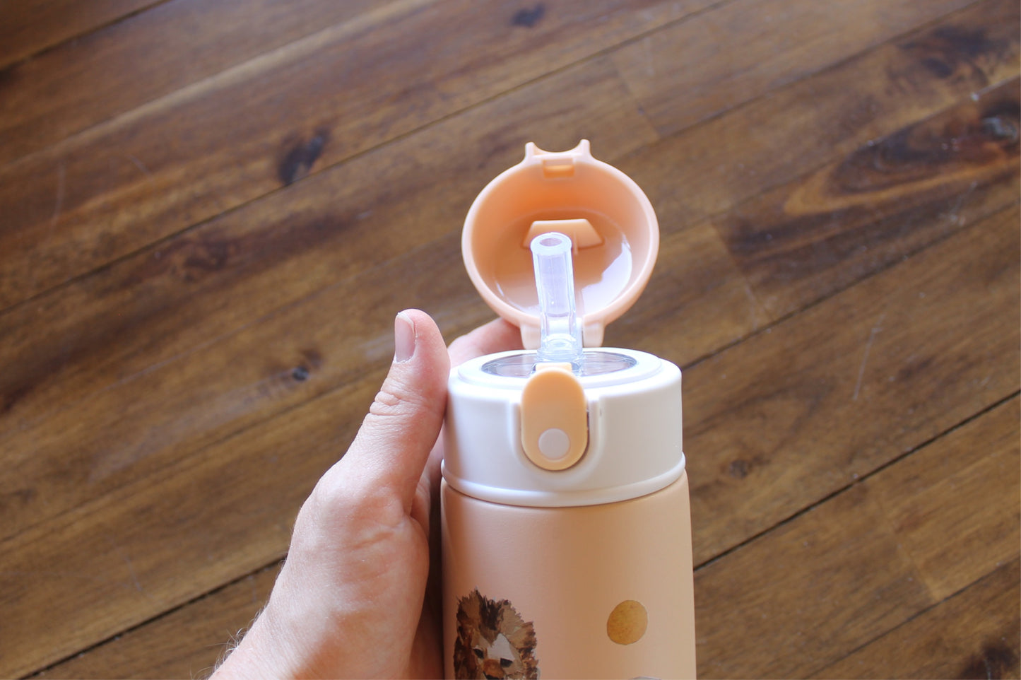 Wilder Lion Kids Water Bottle w/button lid in Tan