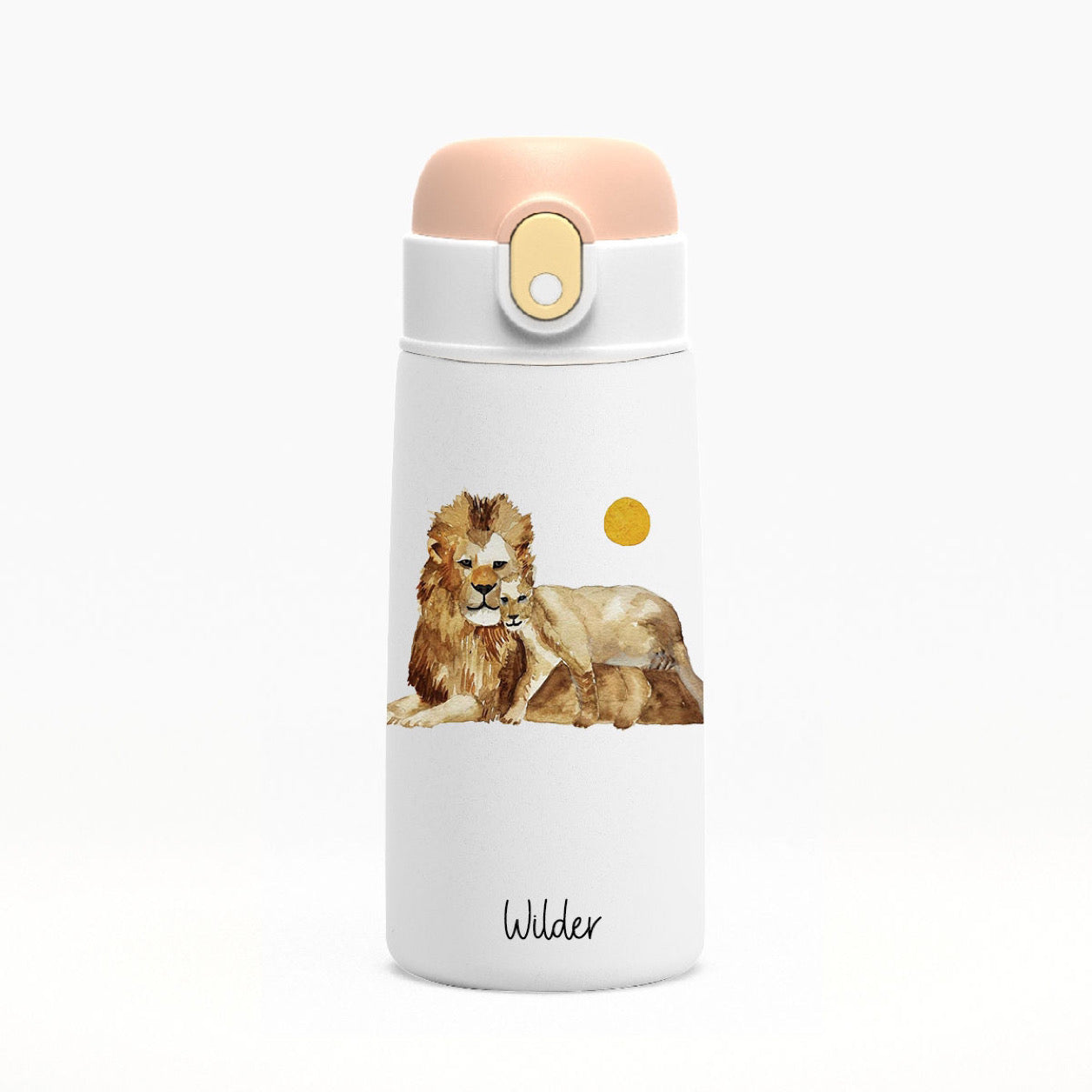 Wilder Lion Kids Water Bottle with button lid in White