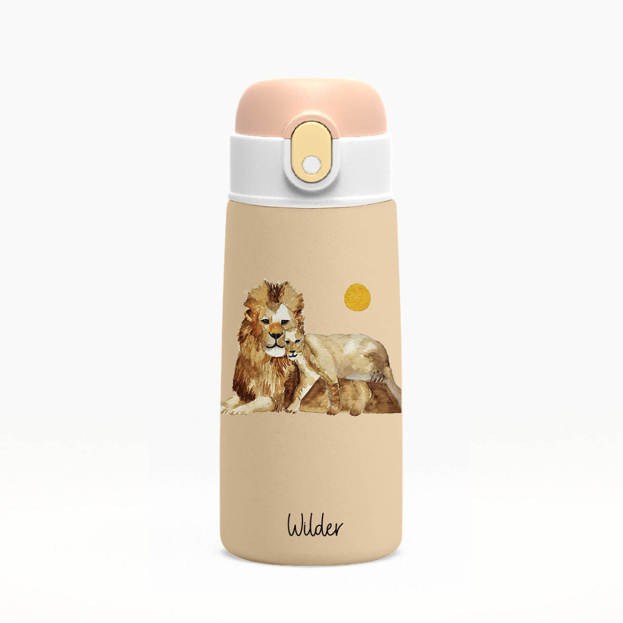 Wilder Lion Kids Water Bottle w/button lid in Tan