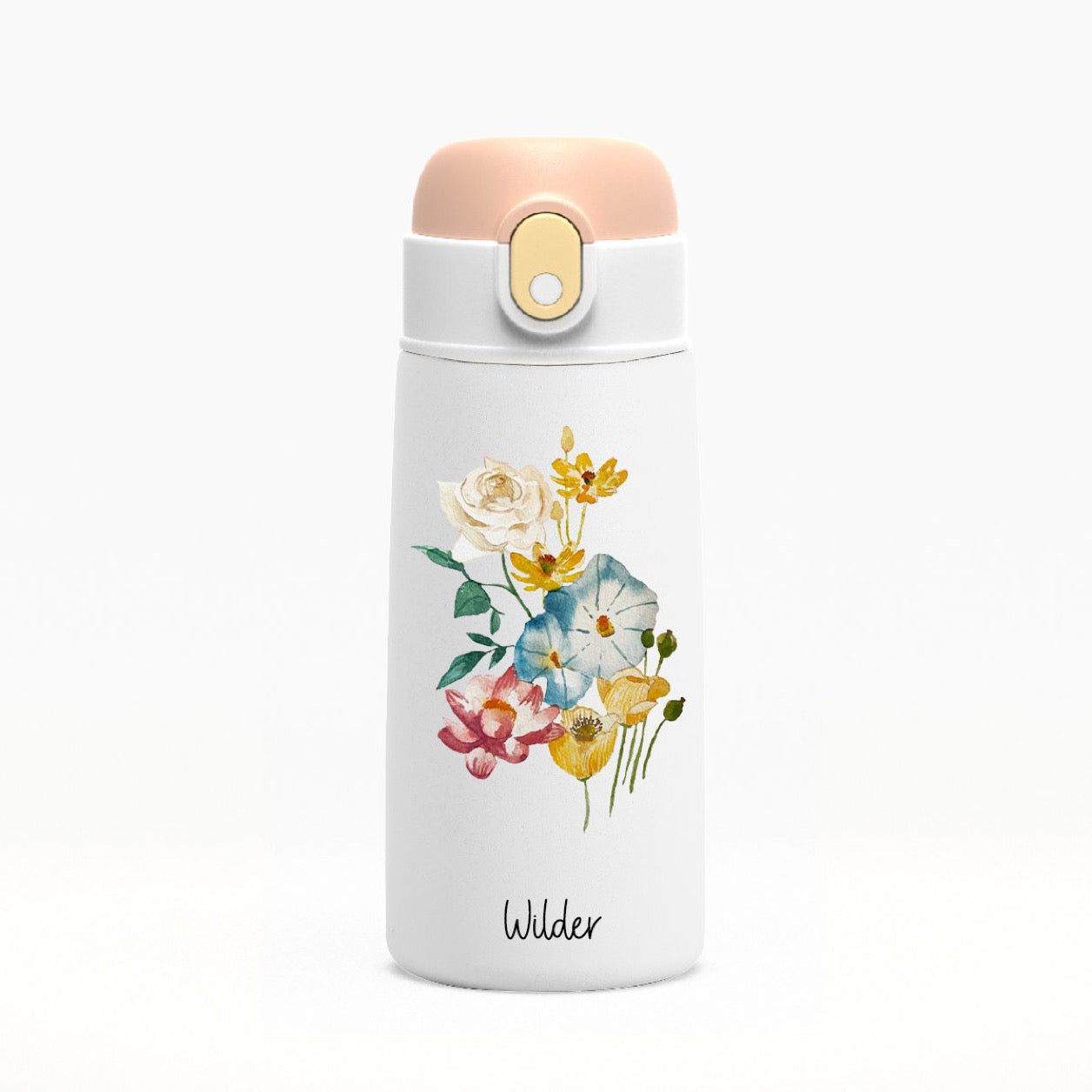 Wilder Flowers Kids Water Bottle w/button lid in White