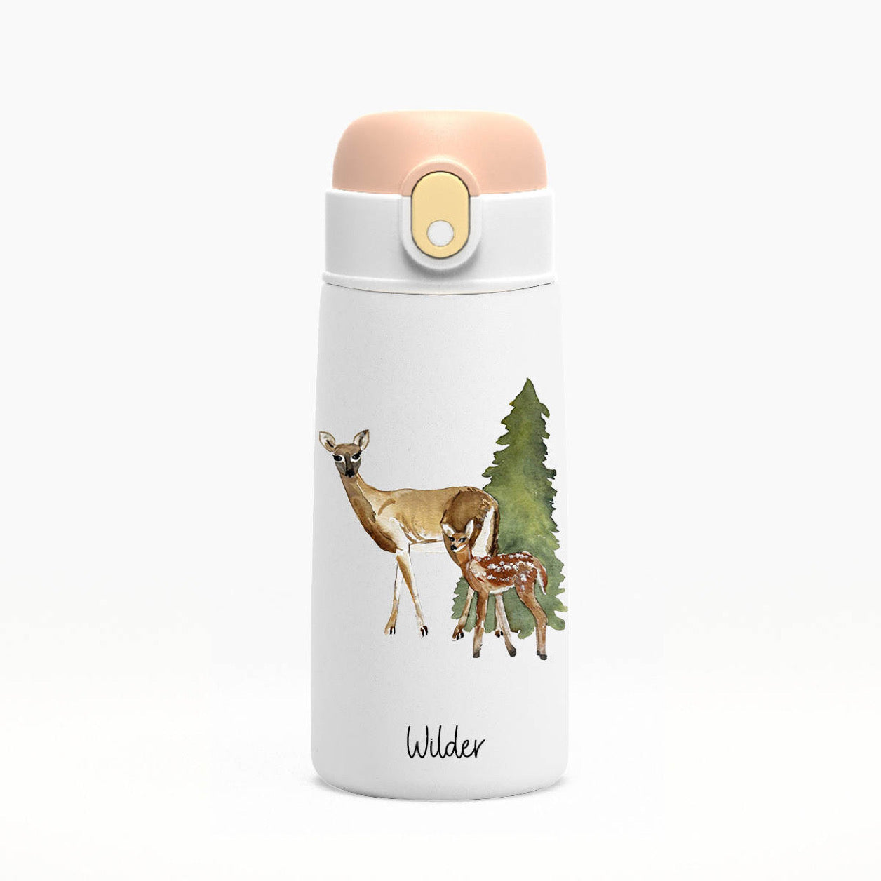 Wilder Deer Mama w/baby Kids Water Bottle w/button lid in White